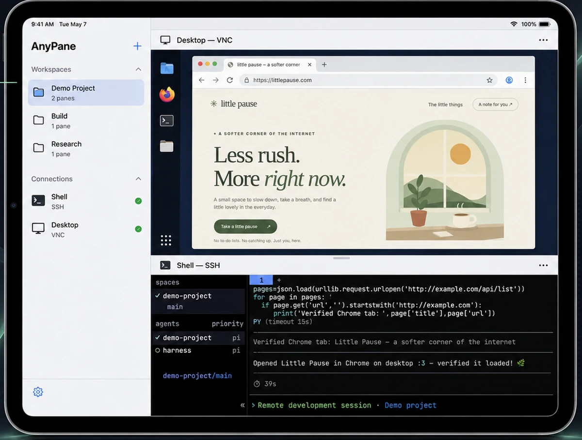 iPad promotional artwork illustrating SSH and VNC task workspaces, with terminal and desktop panes together.