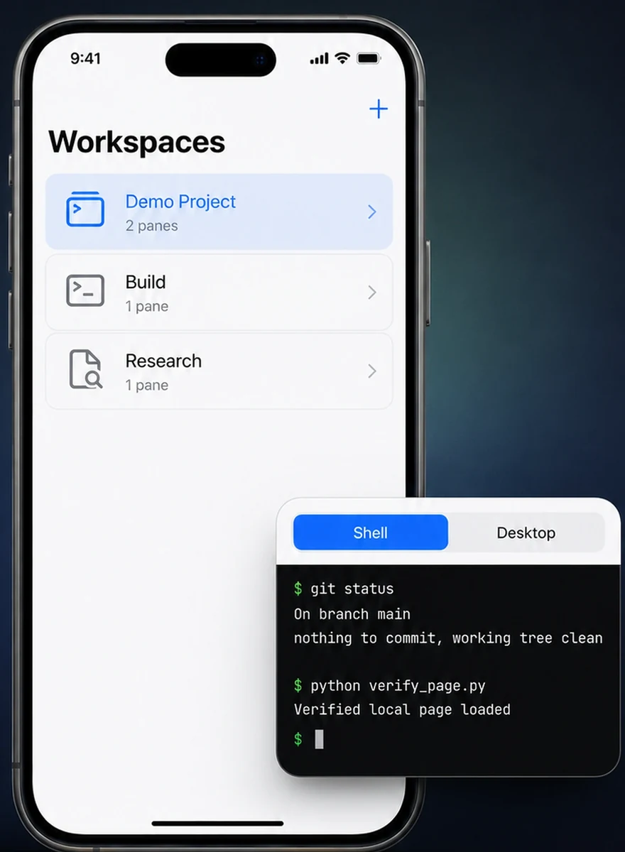 iPhone promotional artwork illustrating SSH and VNC task workspaces, with one active pane and tabs.