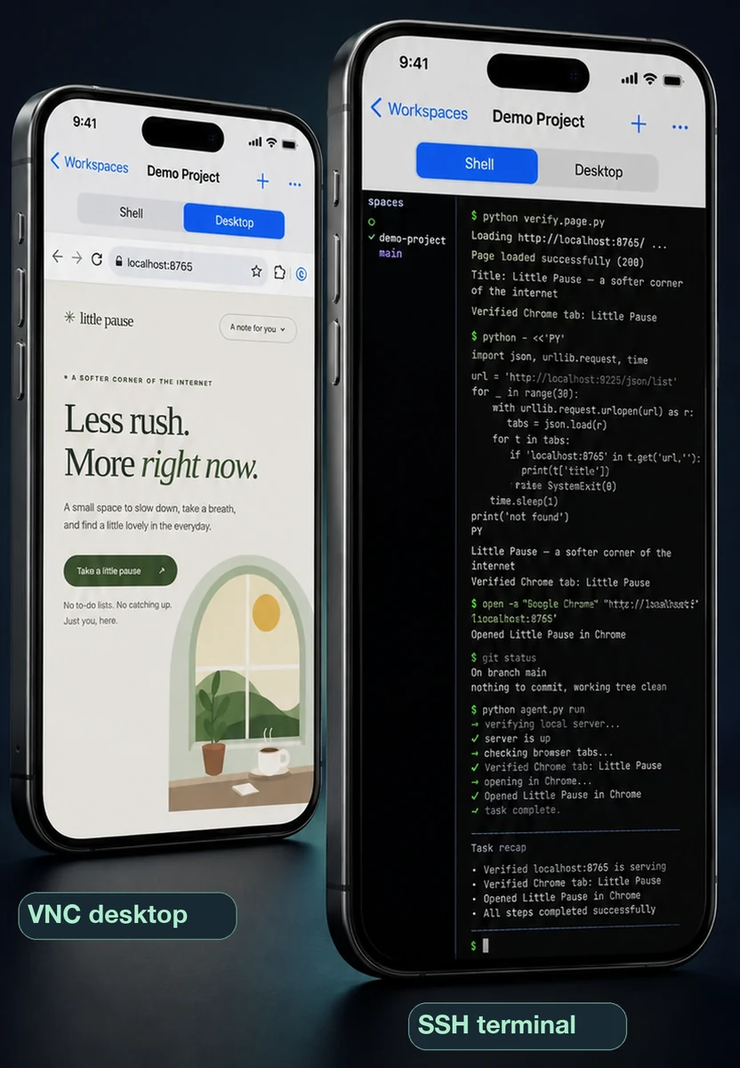 iPhone promotional artwork illustrating switching SSH and VNC with tabs, one active pane at a time.